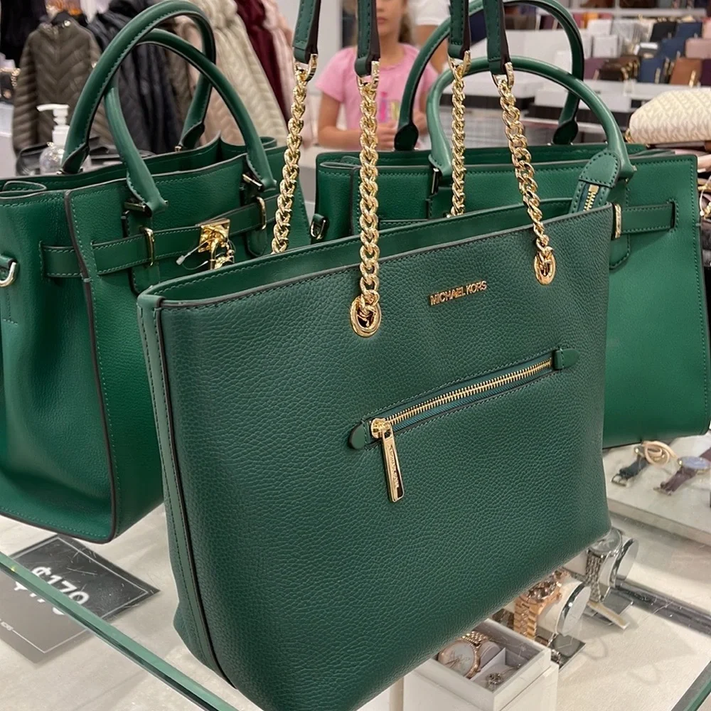 MICHAEL KORS Jet Set Medium Front Zip Pebbled Leather Chain Tote Bag Jewel Green